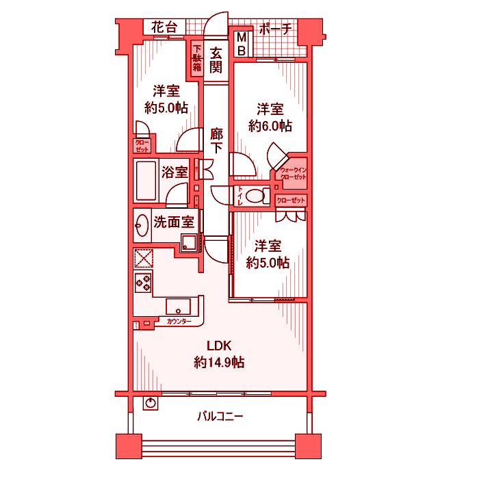 プラウド横濱鶴見(3LDK/3階)の間取り写真