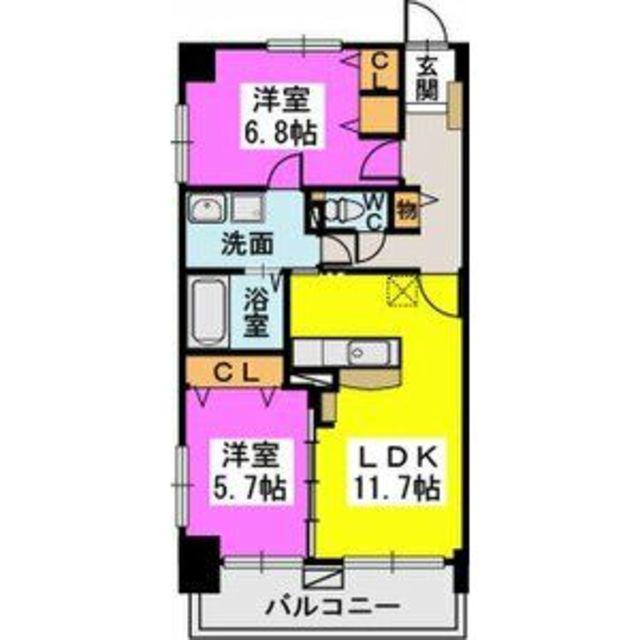 リヴィエールシャン那珂(2LDK/6階)の間取り写真