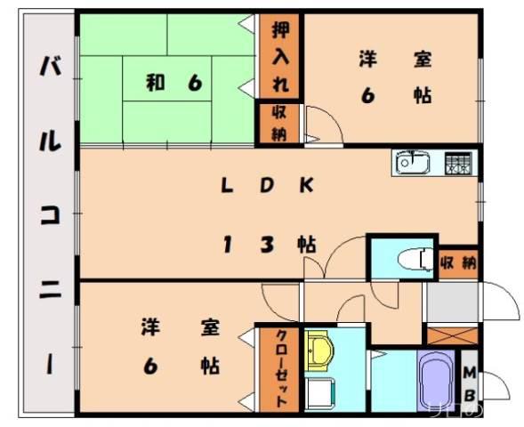 ＪＲ香椎線 和白駅(ＪＲ) 徒歩14分 3階建 築32年(3LDK/2階)の間取り写真