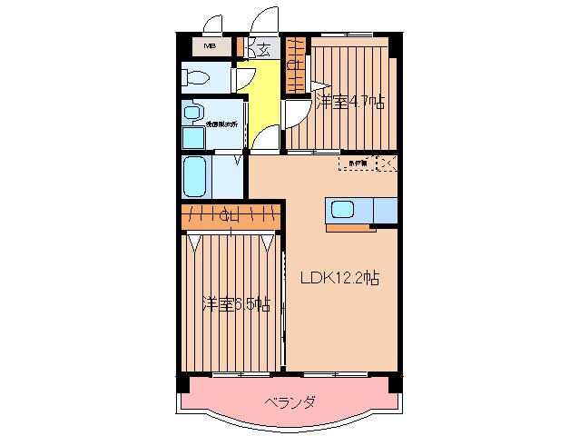 レフティヒルズ奈多(2LDK/4階)の間取り写真