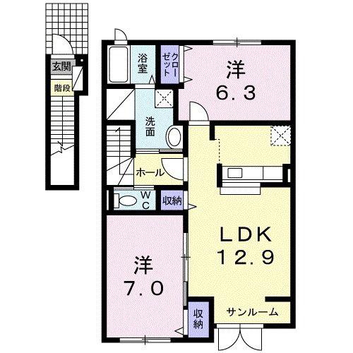 ＪＲ函館本線 手稲駅 バス乗車時間：17分 最寄りバス停で下車 徒歩7分 2階建 築18年(2LDK/2階)の間取り写真