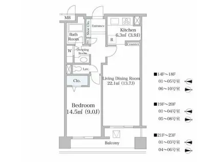 ヨコソーレインボータワーハイツ(1LDK/16階)の間取り写真