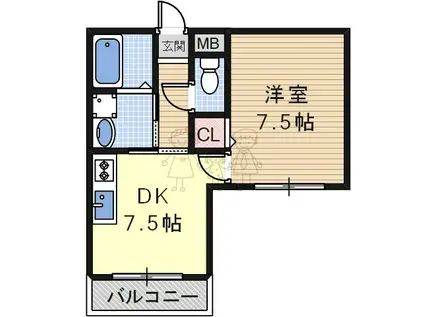 クイーンライフ桑津(1DK/4階)の間取り写真