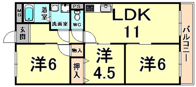 シャトー塚口B棟(3LDK/4階)の間取り写真