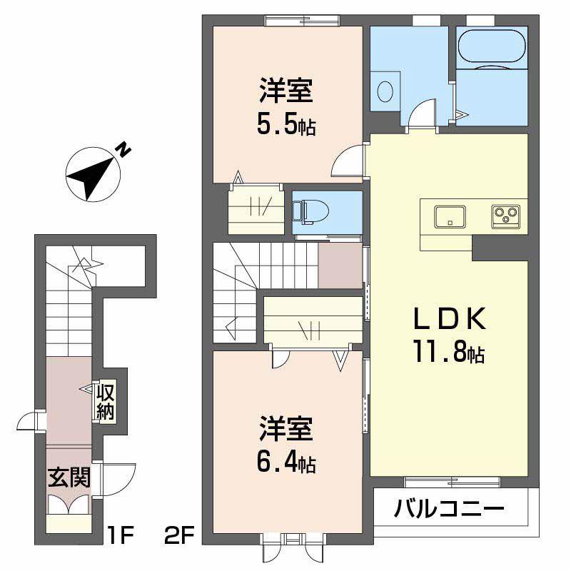 シャーメゾン レーヴ秋桜(2LDK/2階)の間取り写真