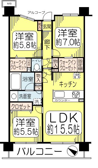 デュオヒルズつくばエンブレム(3LDK/18階)の間取り写真