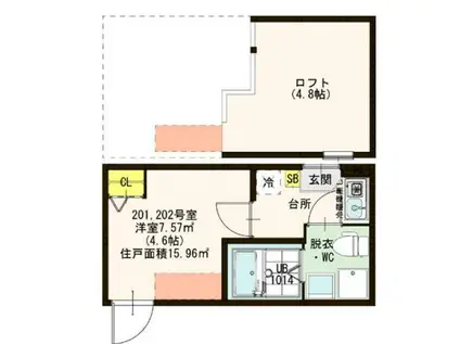 ハーモニーテラス宇喜田町(1K/2階)の間取り写真