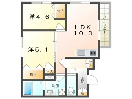 クリエオーレ秦町(2LDK/1階)の間取り写真