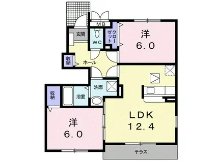 チェリーブロッサムB棟(2LDK/1階)の間取り写真
