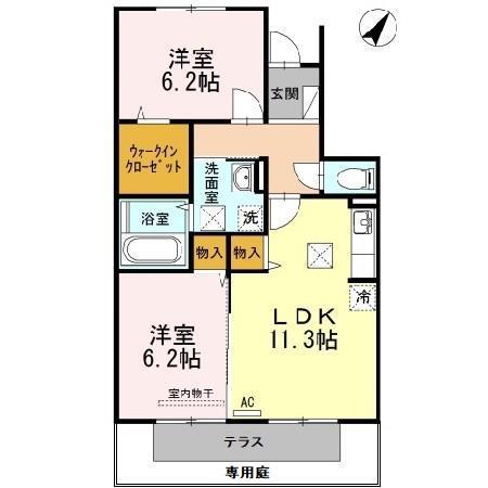 カーザ ナチュラーレ B棟(2LDK/1階)の間取り写真