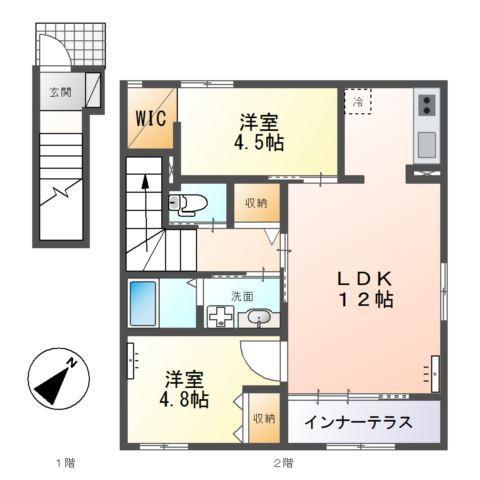 フロレゾン柏FLORAISON KASHIWA(2LDK/2階)の間取り写真