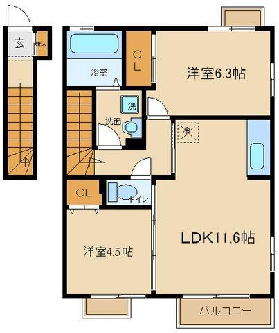 フィオーレ I(2LDK/2階)の間取り写真