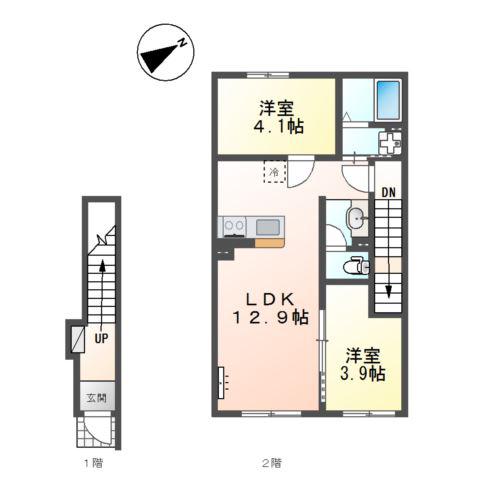 東合川アパート工事1LDK2LDK(2LDK/2階)の間取り写真