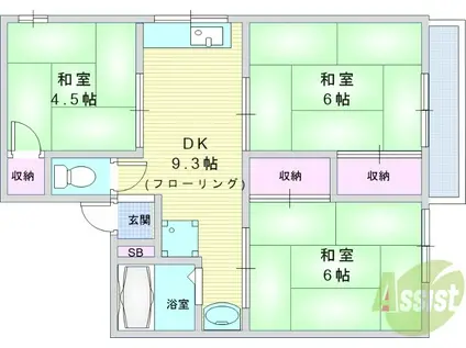 インペリアル鉢塚/南(3DK/1階)の間取り写真