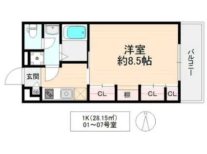 HANATEN イースト(1K/1階)の間取り写真