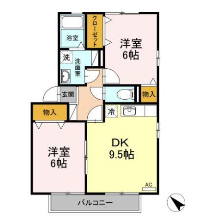 カーサソレイユB棟(2DK/2階)の間取り写真