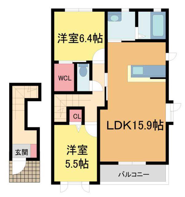 オリゼー芦屋西(2LDK/2階)の間取り写真