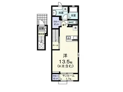 オーロラ ヴィレッジIII(ワンルーム/2階)の間取り写真