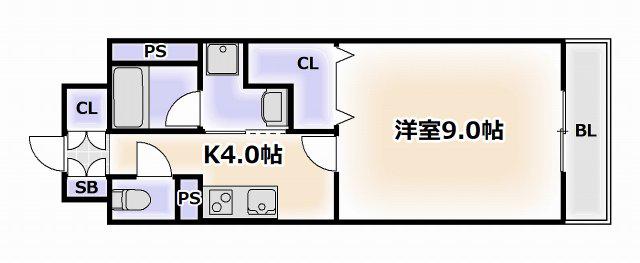 COCORO-ウエスト(1K/9階)の間取り写真