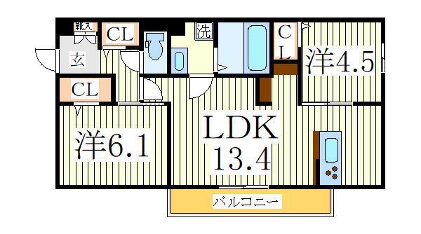 イースト・ヴィラ I(2LDK/3階)の間取り写真