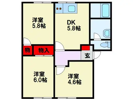アーバン十字路A棟(3DK/1階)の間取り写真