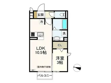 ゼルコヴァ北野(1LDK/2階)の間取り写真