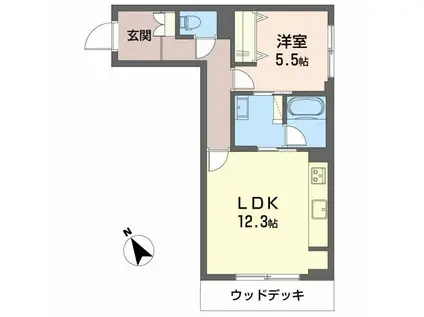ツヴェルフII(1LDK/1階)の間取り写真