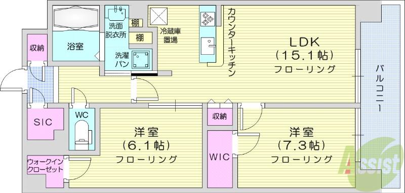 ロイヤルパークス仙台青葉通(2LDK/14階)の間取り写真