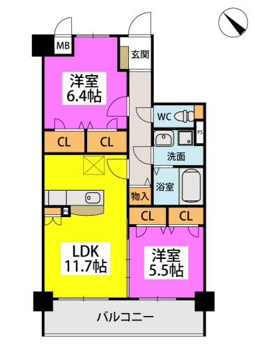 ベルカンパーニュ(2LDK/4階)の間取り写真