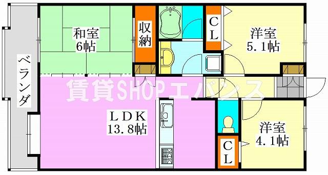 グリーンパーク船橋(3LDK/5階)の間取り写真