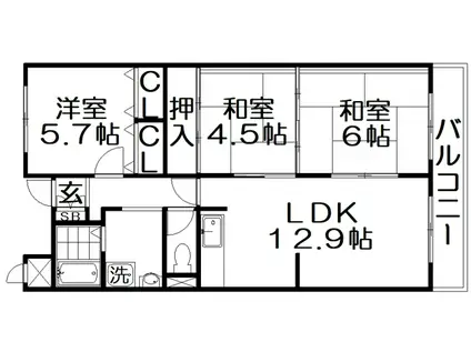 香里ヶ丘1番館(3LDK/2階)の間取り写真