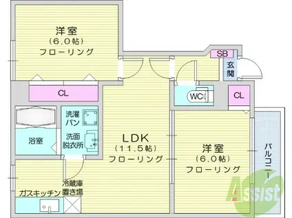 スクエアーメゾンカストル(2LDK/1階)の間取り写真