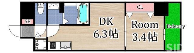 エスリードレジデンス都島デュオ(1DK/15階)の間取り写真