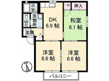 シャルマンらくざん I棟(3DK/2階)の間取り写真
