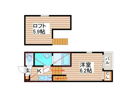 ハーモニーテラス新田II(1K/2階)の間取り写真
