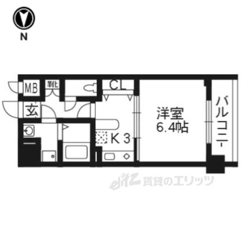 ライジングコート京都西院フロンティア(1K/4階)の間取り写真