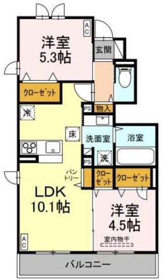 トリシア中條 A(2LDK/1階)の間取り写真