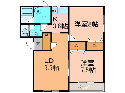 あかつきニュータウンB棟(2LDK/2階)の間取り写真