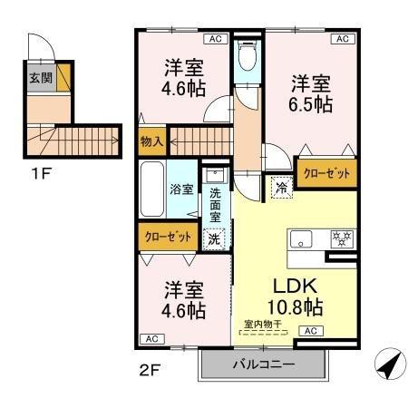 フォレストウッド B棟(3LDK/2階)の間取り写真