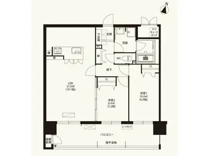 ニューガイア水前寺(2LDK/6階)の間取り写真