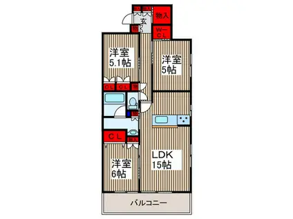 イニシア所沢(3LDK/2階)の間取り写真