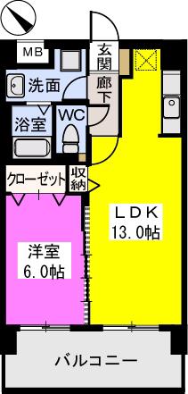 THビル(1LDK/4階)の間取り写真