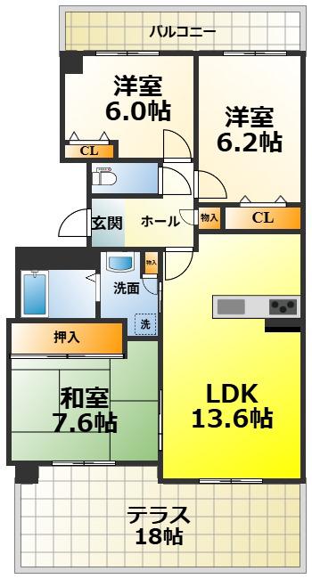 エバーランドシティ新・泉北(3LDK/1階)の間取り写真