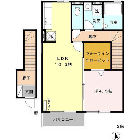 ローズコート・カノン II A/B(1LDK/2階)の間取り写真