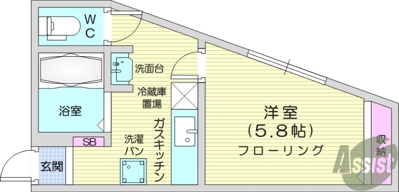 プランド河原町(1K/2階)の間取り写真