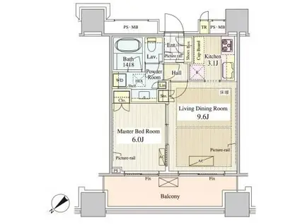 パークコート千代田富士見ザ タワー(1LDK/5階)の間取り写真