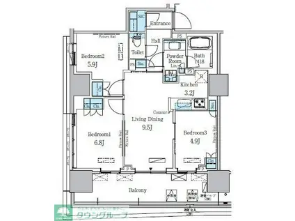 HARUMI FLAG PORT VILLAGE B棟(3LDK/2階)の間取り写真