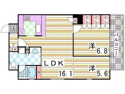 リーガル神戸三宮山手(2LDK/12階)の間取り写真