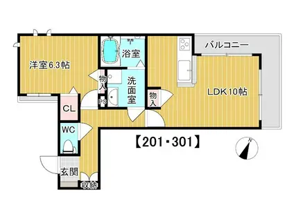 シャーメゾン綺羅(1LDK/2階)の間取り写真