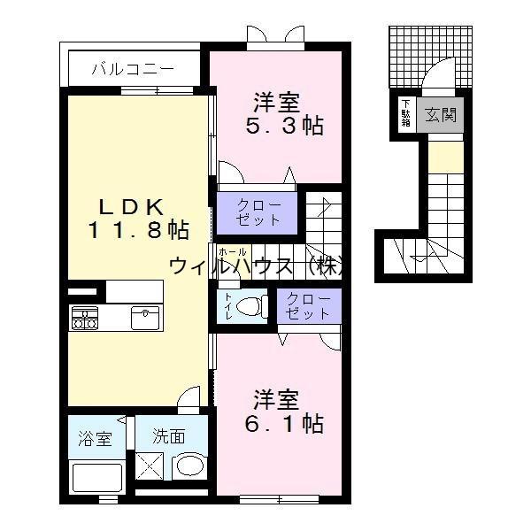 ラ・フルールⅡ(2LDK/2階)の間取り写真